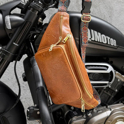 Genuine Leather Fanny Pack for Men – Floral Embossed Travel Waist Bag