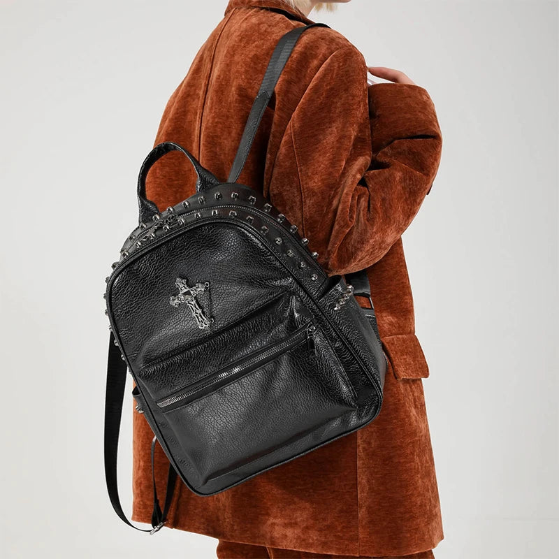 Rivet Cross Leather Backpack Large Capacity Commuter Bag