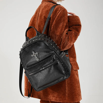 Rivet Cross Leather Backpack Large Capacity Commuter Bag