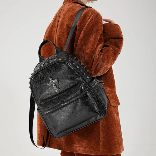 Rivet Cross Leather Backpack Large Capacity Commuter Bag