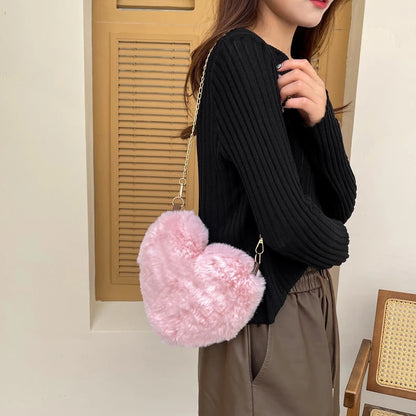 Plush Heart Crossbody Bag – Women's Fluffy Chain Shoulder Bag