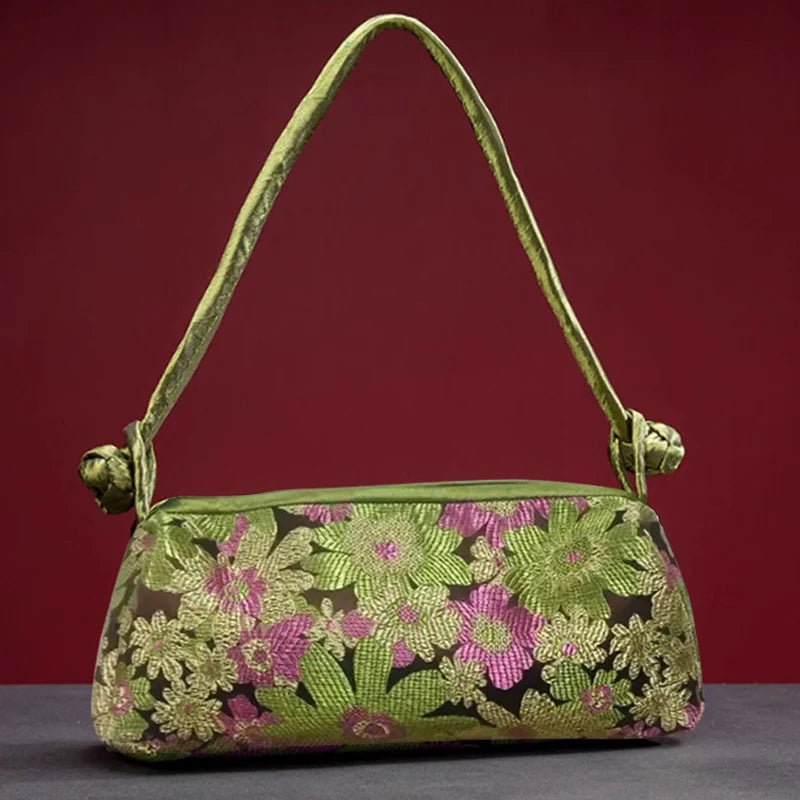 Silk Embroidered Shoulder Bag – Floral Satin Handbag