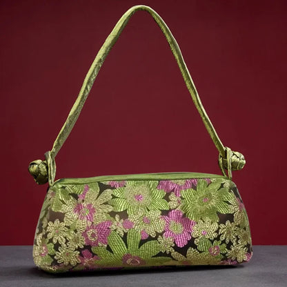 Silk Embroidered Shoulder Bag – Floral Satin Handbag
