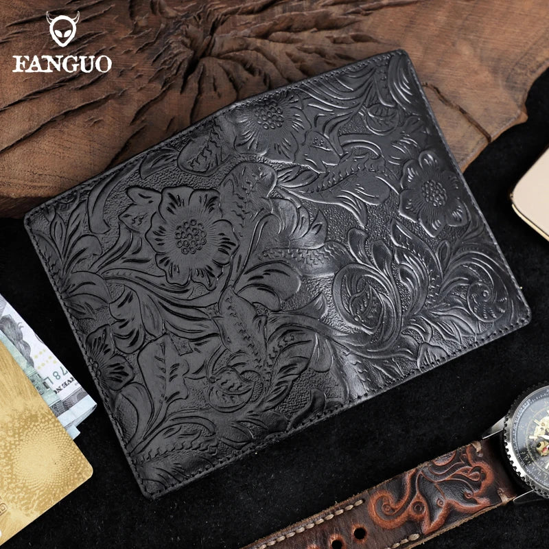 Handmade Floral Embossed Leather Card Wallet & Coin Pouch