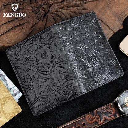 Handmade Floral Embossed Leather Card Wallet & Coin Pouch