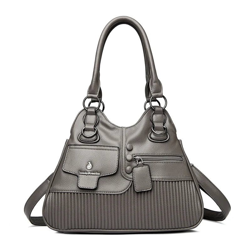 Vegan Leather Tote Handbag with Multi-Pocket & Crossbody Strap