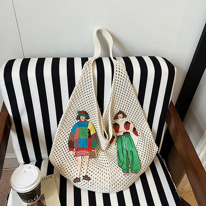 Crochet Knit Shoulder Tote Bag with Embroidery – Large Capacity