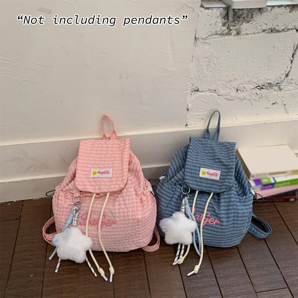Mini Drawstring Backpack – Plaid Embroidery Casual Daypack