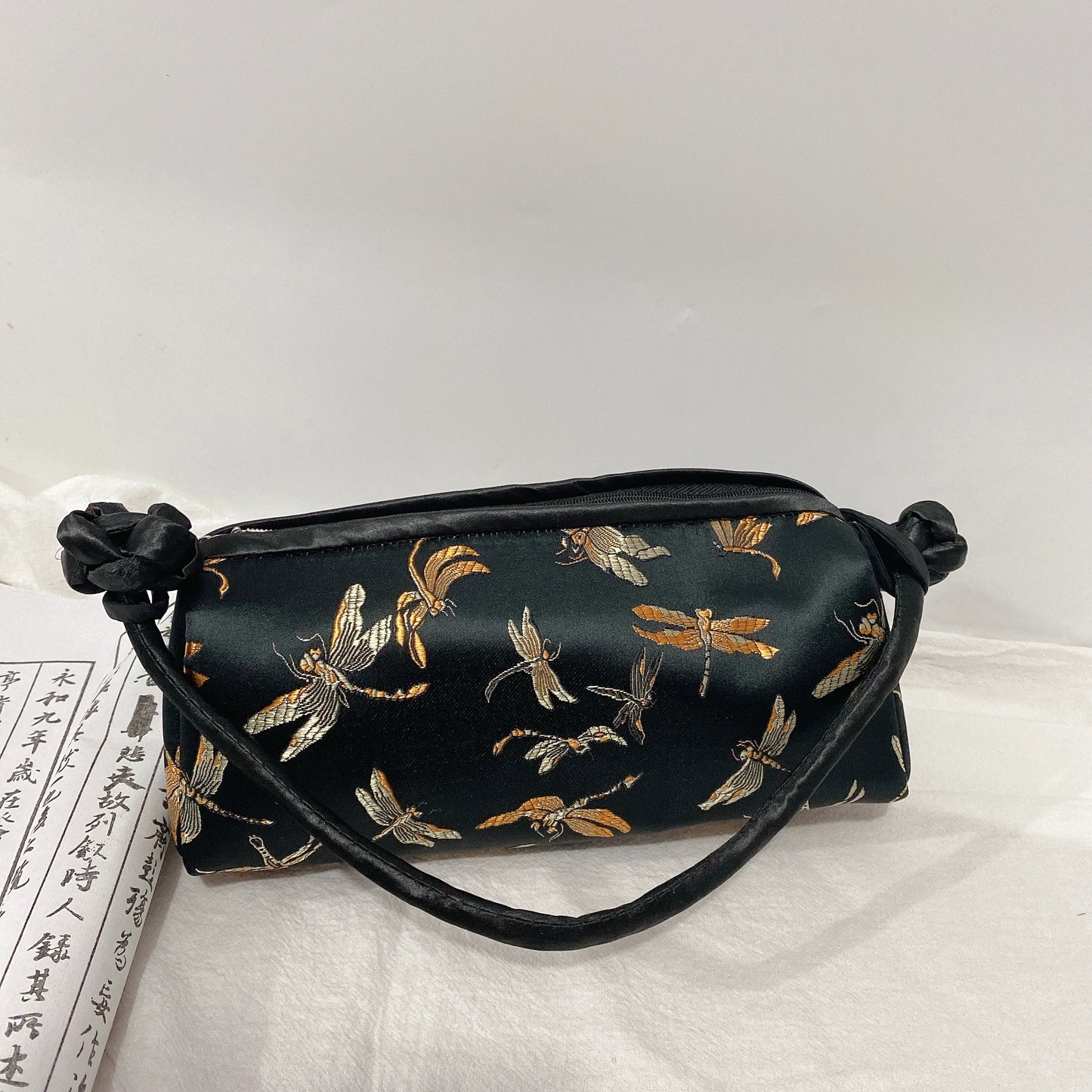 Silk Embroidered Shoulder Bag – Floral Satin Handbag