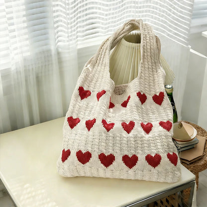 Knitted Heart Pattern Shoulder Tote Bag for Women