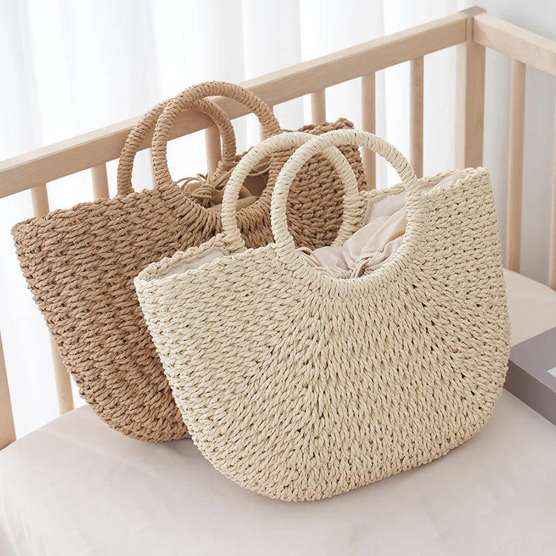 Large Half-Moon Straw Bag – Handmade Women Beach Basket Handbag