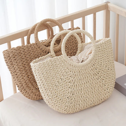Large Half-Moon Straw Bag – Handmade Women Beach Basket Handbag
