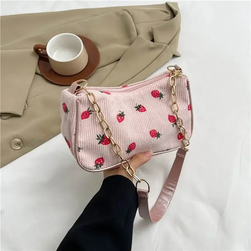 Corduroy Small Fresh Strawberry Crossbody Bag Chain Niche Pillow Casual Versatile Commuter Underarm
