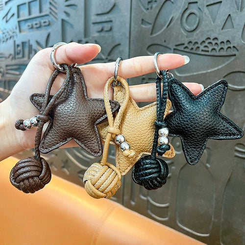 Star Leather Keychain Bag Charm with Woven Ball
