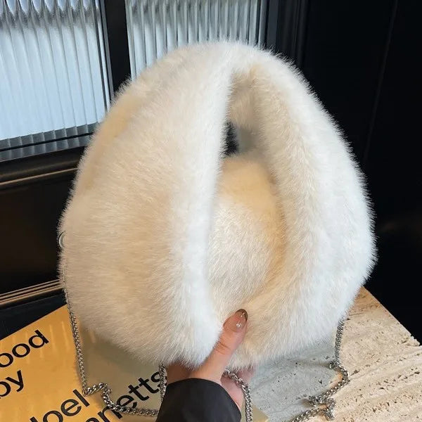 Plush Faux Fur Bucket Bag – Women's Chain Crossbody Handbag