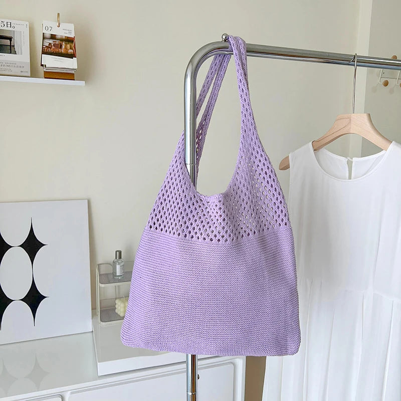 Hollow Knit Shoulder Tote Bag for Women – Large Capacity