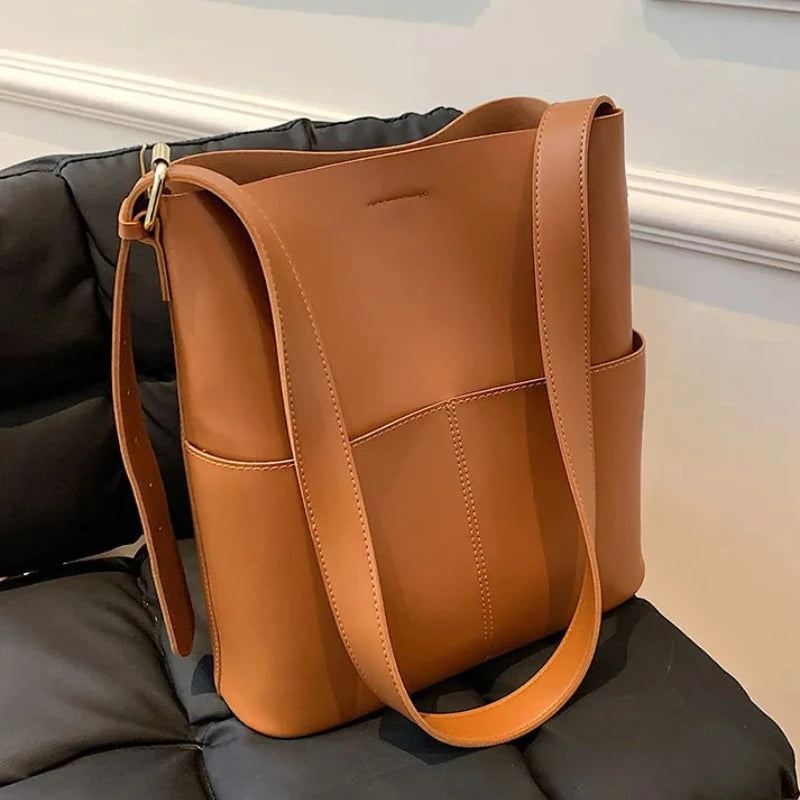 Leather Bucket Shoulder Bag – Women's Casual Tote Handbag