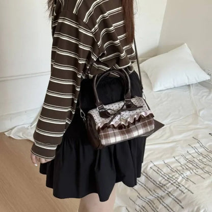 Kawaii Pillow Bag – Retro Plaid & Polka Dot Crossbody Purse