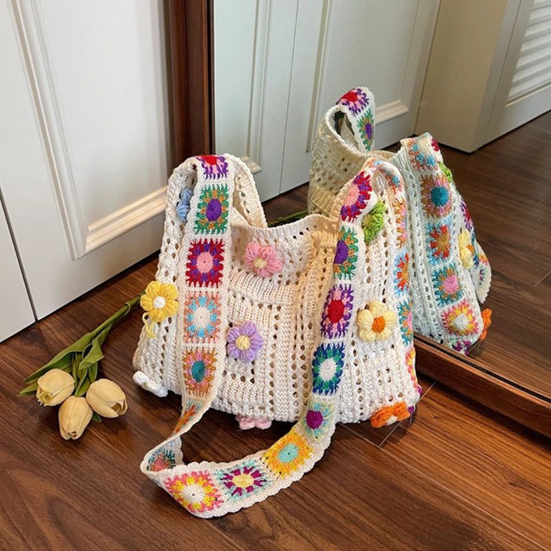 Crochet Flower Tote Bag – Large Capacity Knit Shoulder Bag