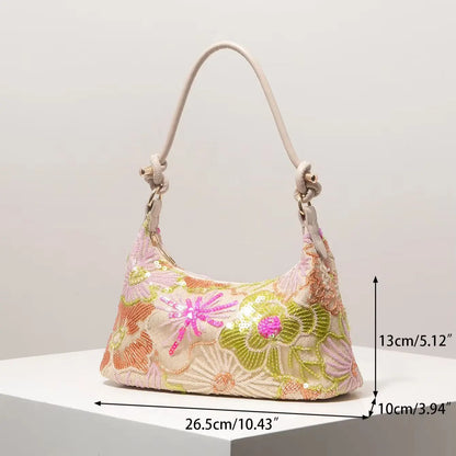 Sequin Floral Embroidery Shoulder Bag for Women