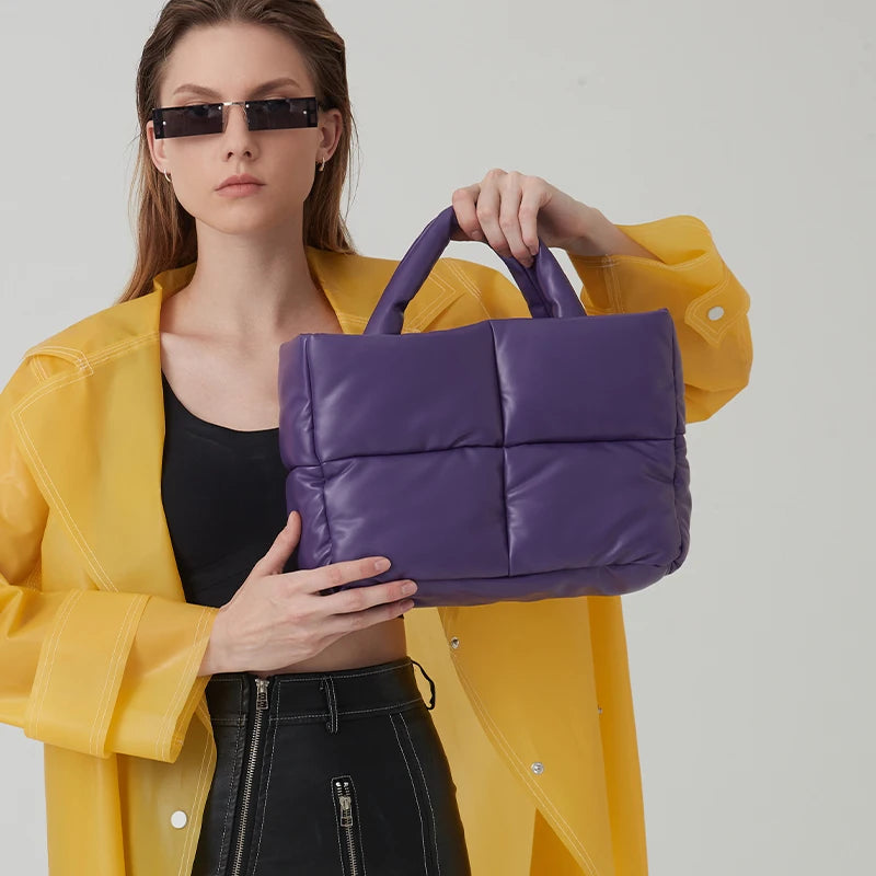 Leather Padded Tote Bag Women Designer Quilted Handbags Luxury Soft Pu Shoulder Bags Down Cotton