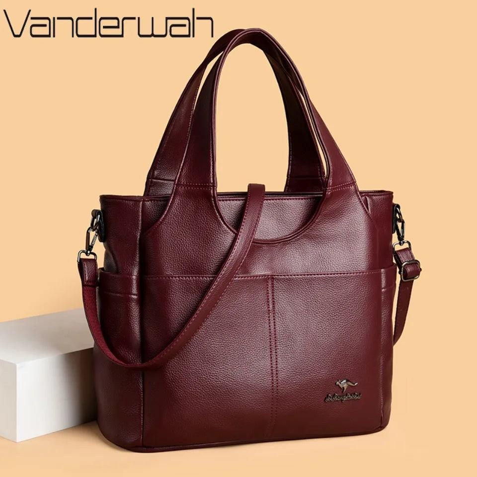 Large Leather Tote Bag – 3 Compartments, Dual Pockets, Shoulder & Crossbody
