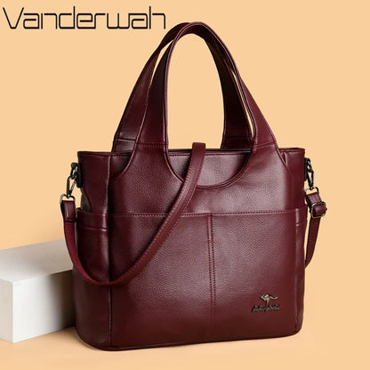 Large Leather Tote Bag – 3 Compartments, Dual Pockets, Shoulder & Crossbody