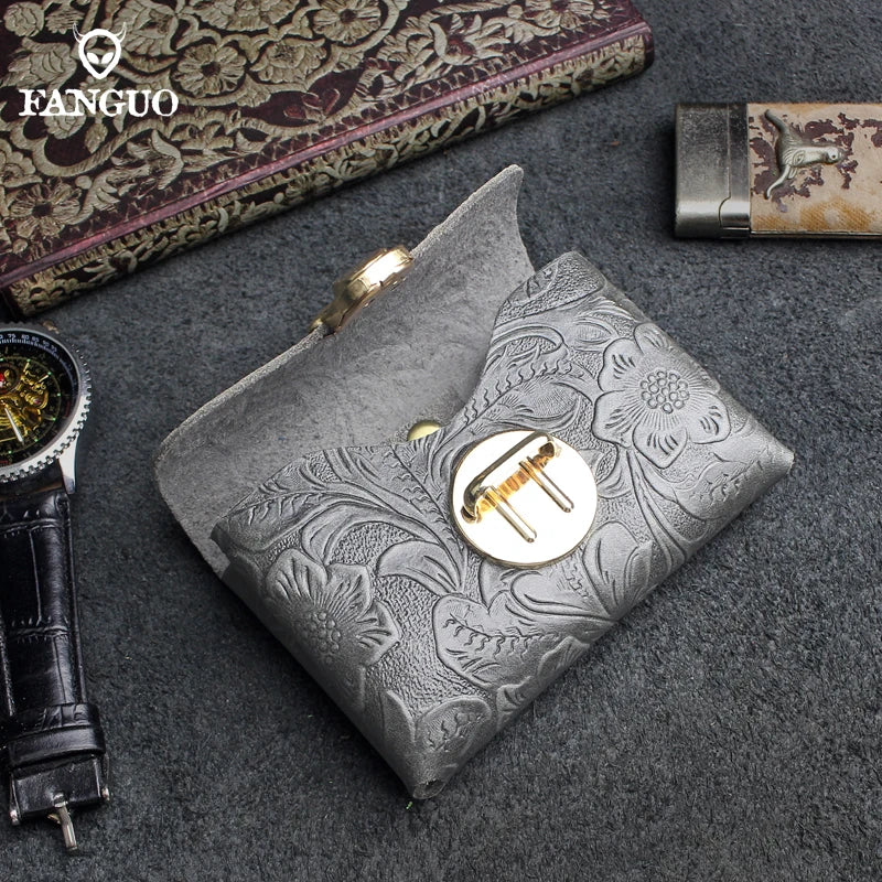 Genuine Leather Card Holder Wallet with Floral Embossing & Twist Lock