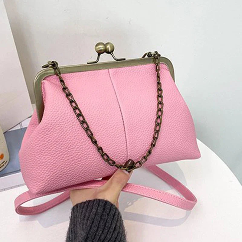 Vintage Kiss-Lock Chain Crossbody Bag for Women – Lychee Leather