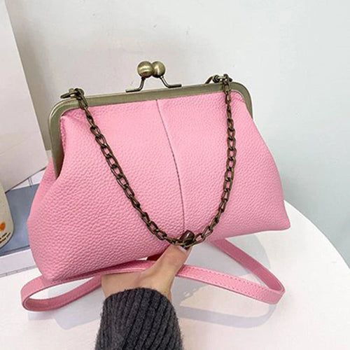 Vintage Kiss-Lock Chain Crossbody Bag for Women – Lychee Leather