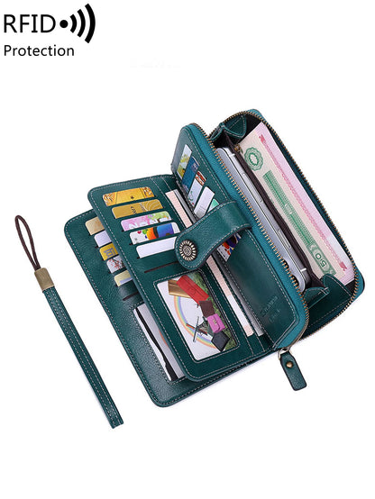 RFID Blocking Women's Trifold Long Wallet – Large Capacity Retro Leather Clutch