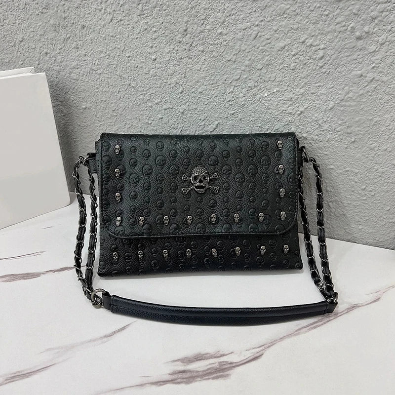 Gothic Skull Embossed PU Leather Crossbody Bag – Women's Chain Shoulder Bag