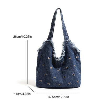 Denim Tote Bag – Frayed Edge Bow Embroidery Shoulder Handbag