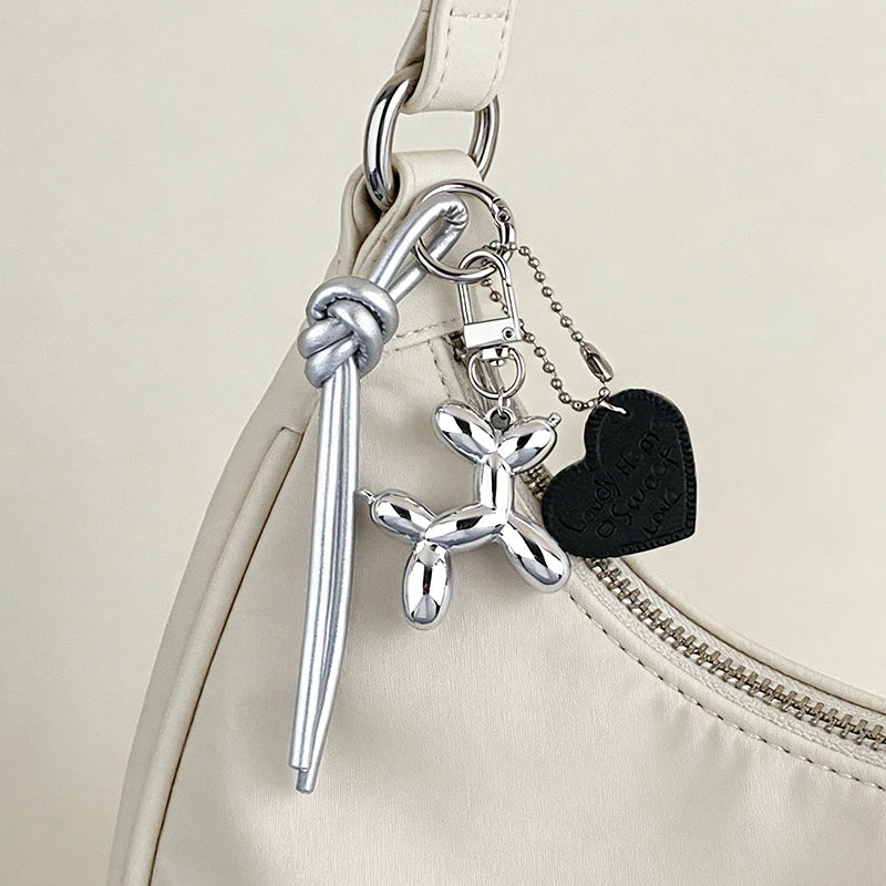 Y2K Balloon Dog Keychain with Heart Charm & Leather Tassel