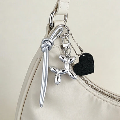Y2K Balloon Dog Keychain with Heart Charm & Leather Tassel
