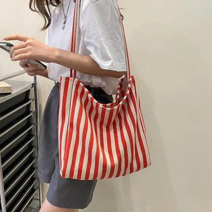 Large Canvas Tote Bag – Striped Shopper Shoulder Bag