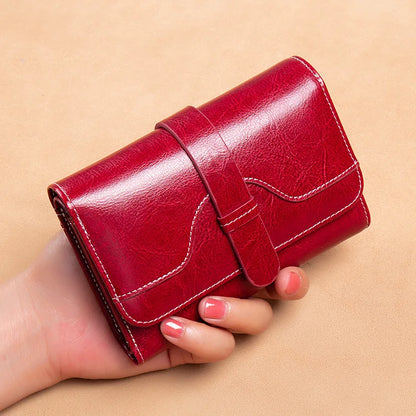 Genuine Leather Women's Tri-Fold Wallet – Oil Wax Snap