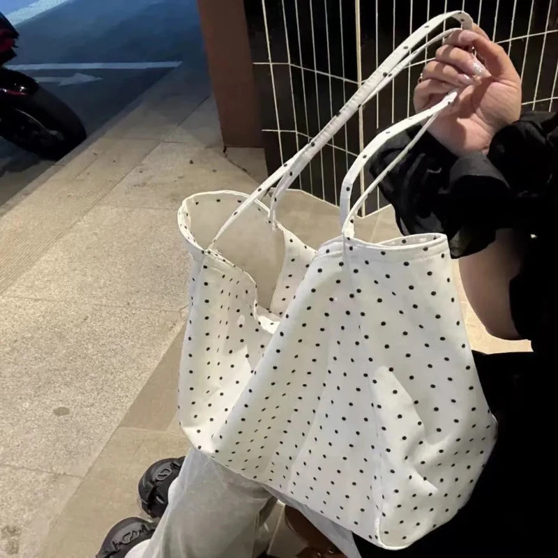 Polka Dot Canvas Tote Bag – Large Lightweight Korean Style Shoulder Bag