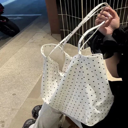 Polka Dot Canvas Tote Bag – Large Lightweight Korean Style Shoulder Bag