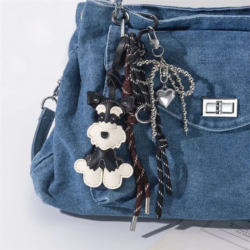 Schnauzer Dog Keychain – Handmade Rope Bag Charm with Bow Pendant