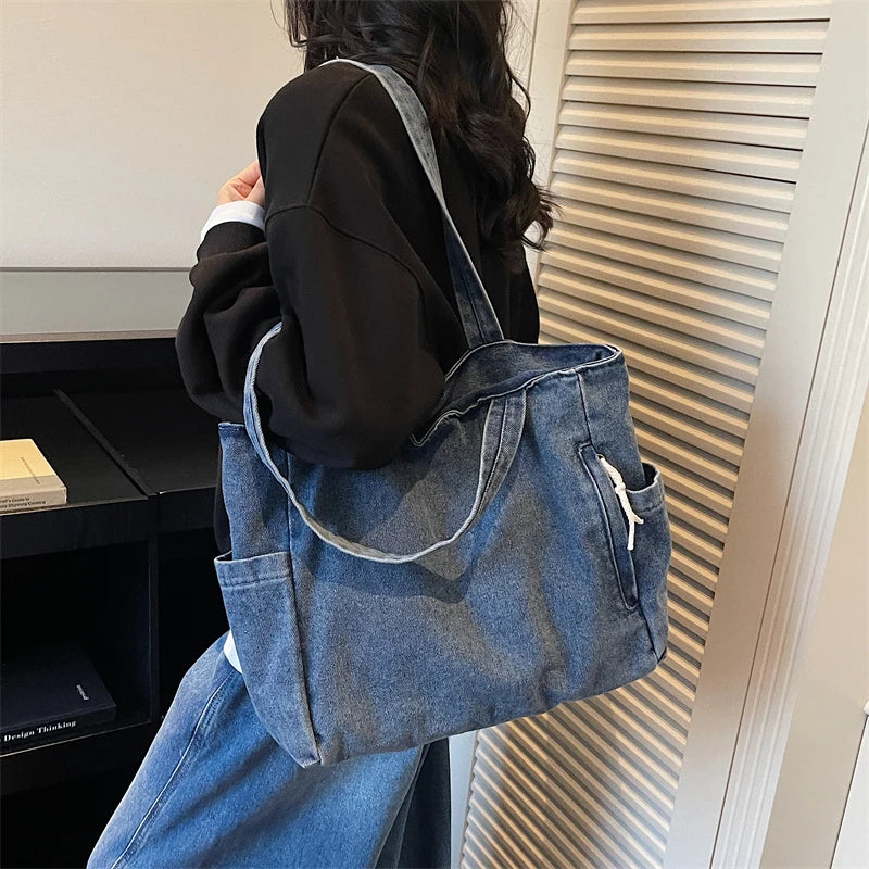 Washed Denim Women's Shoulder Tote Bag – Large Capacity Casual Shopper