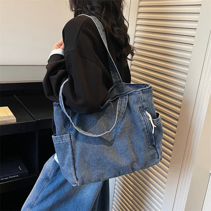 Washed Denim Women's Shoulder Tote Bag – Large Capacity Casual Shopper