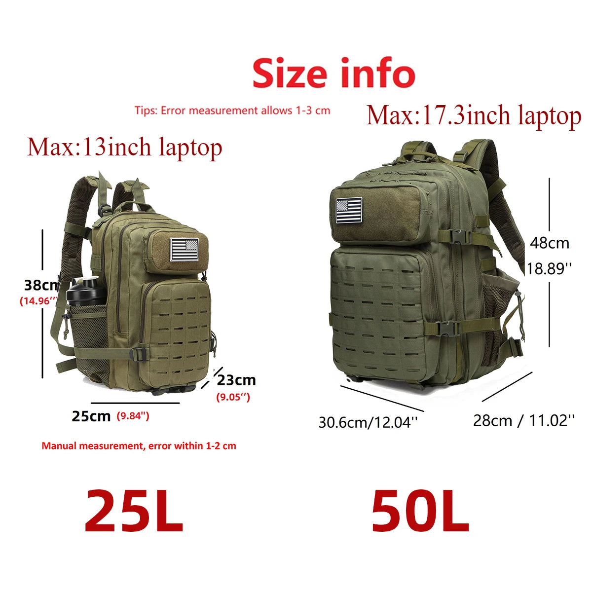 Tactical Backpack 25L/50L MOLLE Hiking Rucksack with Bottle Holders