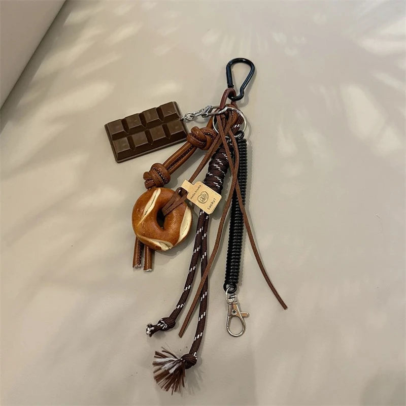 Cute Bread Charm Keychain – Korean Braided Rope Bag Pendant