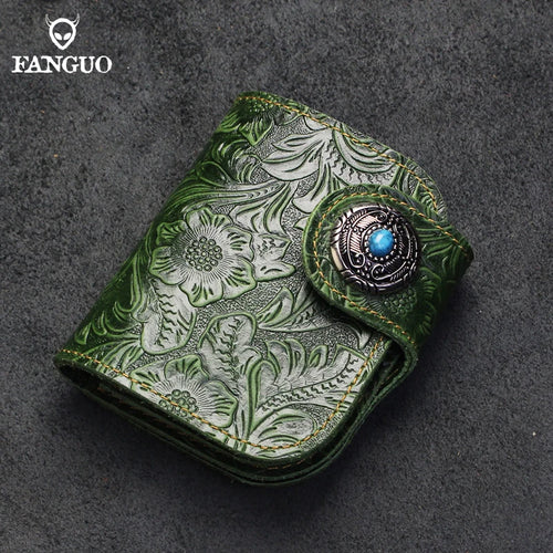 Handmade Genuine Leather Short Wallet – Floral Embossed Men's Bifold