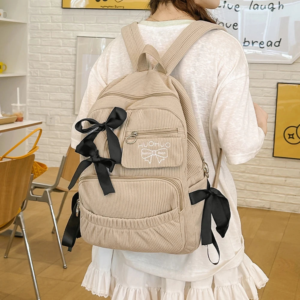 Bow Accent Corduroy Backpack for Women – Cute Aesthetic School Bag
