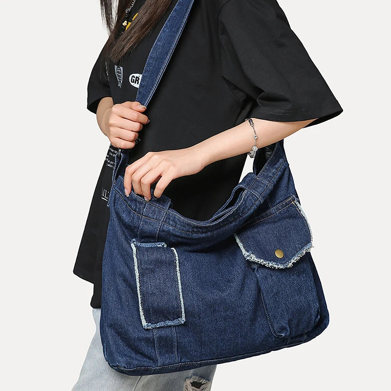 Women's Denim Tote Bag – Large Crossbody Shoulder Bag for School & Daily Use