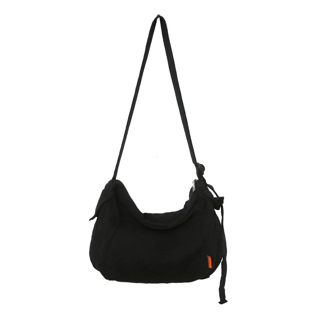Female Canvas Fabric Hobo Soft Slouchy Shoulder Bag Y2k Student Leisure Medium Size School Book