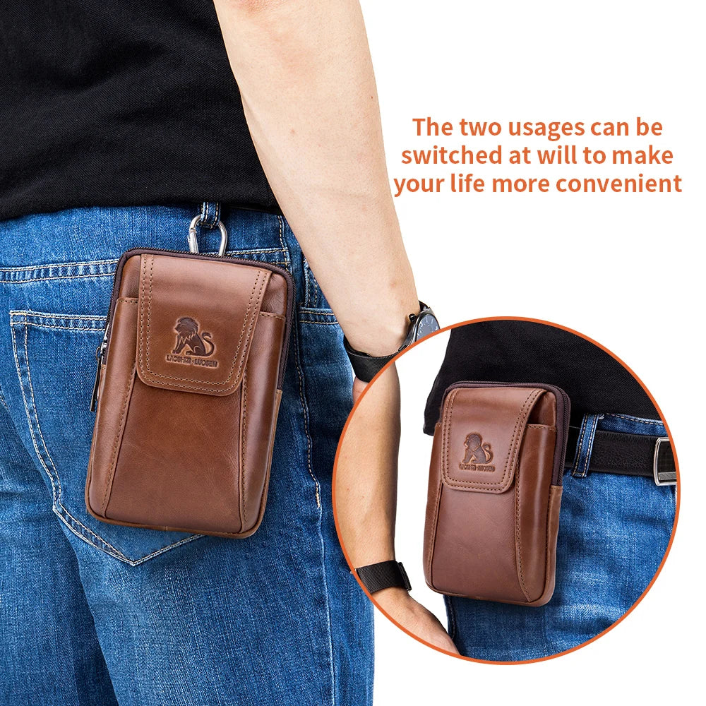 Leather Belt Bag for Men - Genuine Cowhide Phone Waist Pouch