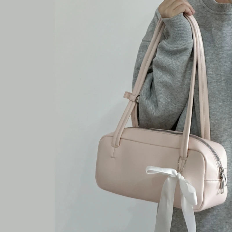 Bow Shoulder Bag Women's PU Leather Zipper Handbag with Star Charm